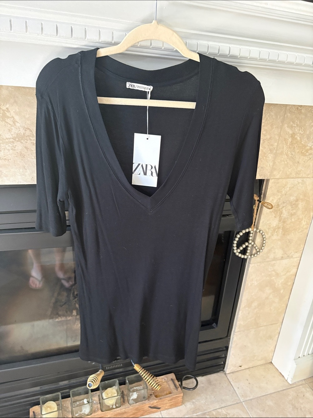 Zara Women's Black Deep V-Neck Short Sleeve Top